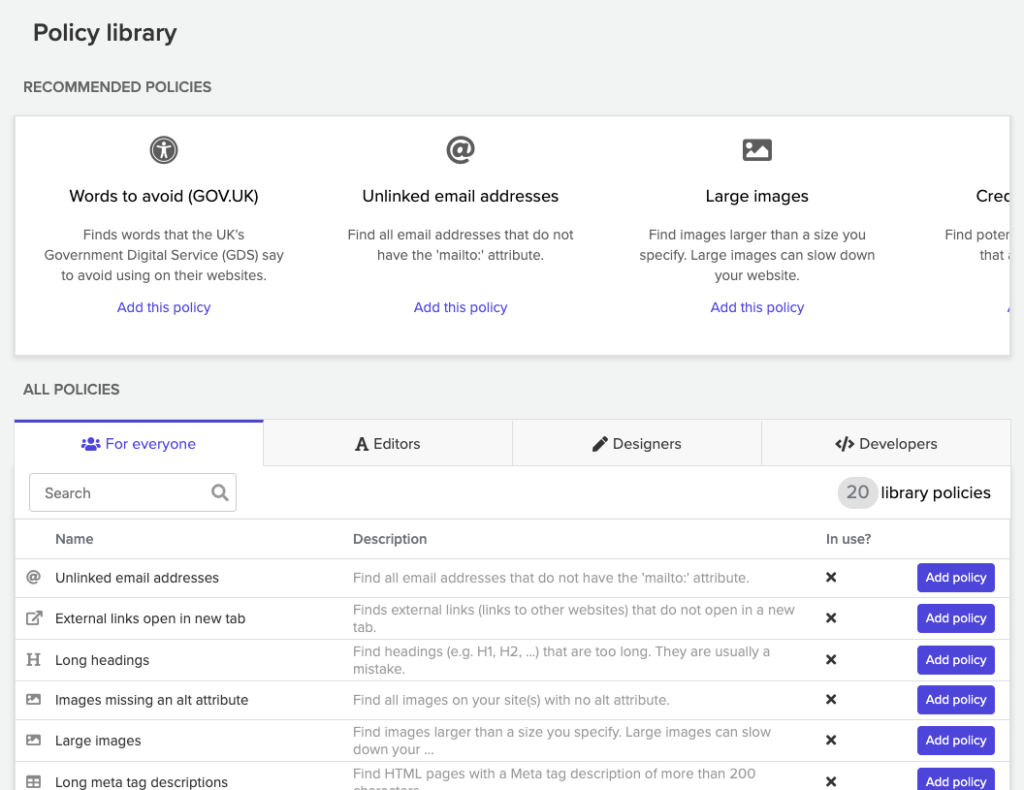 Policy library in Silktide