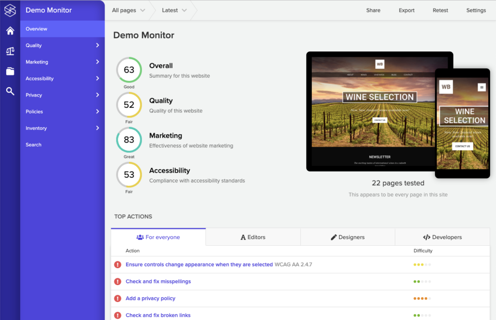 Example Silktide website report