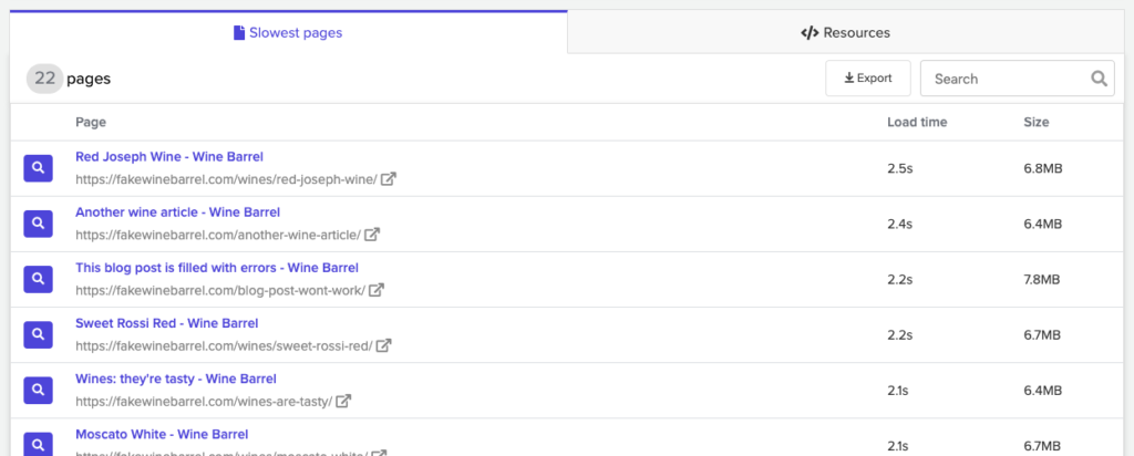 List of pages and their load times