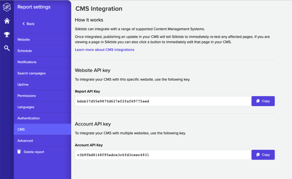 Obtaining a CMS API Key in Silktide