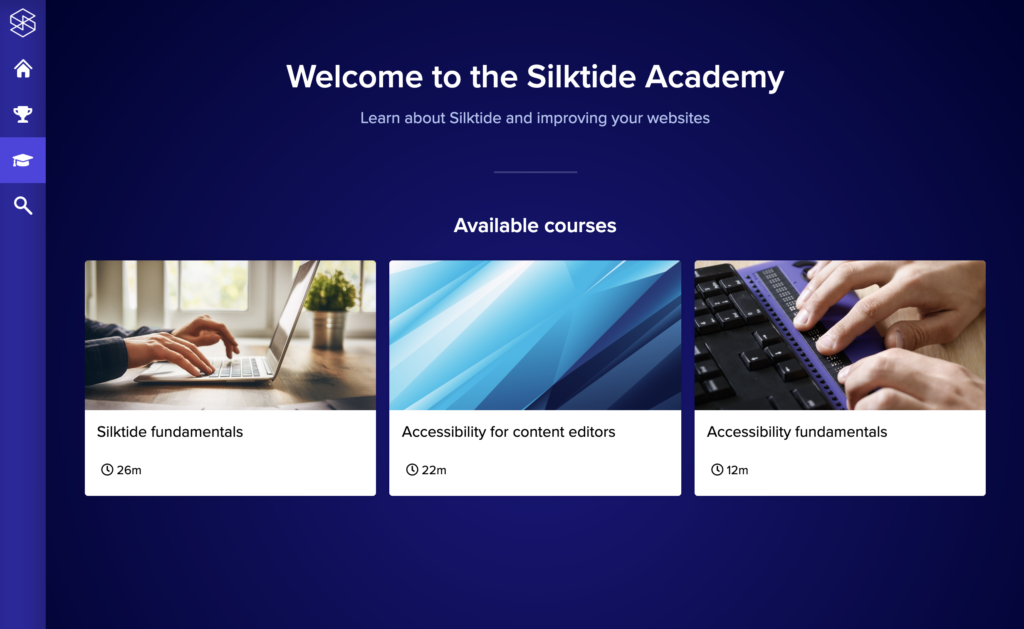 Silktide Academy home screen with list of courses